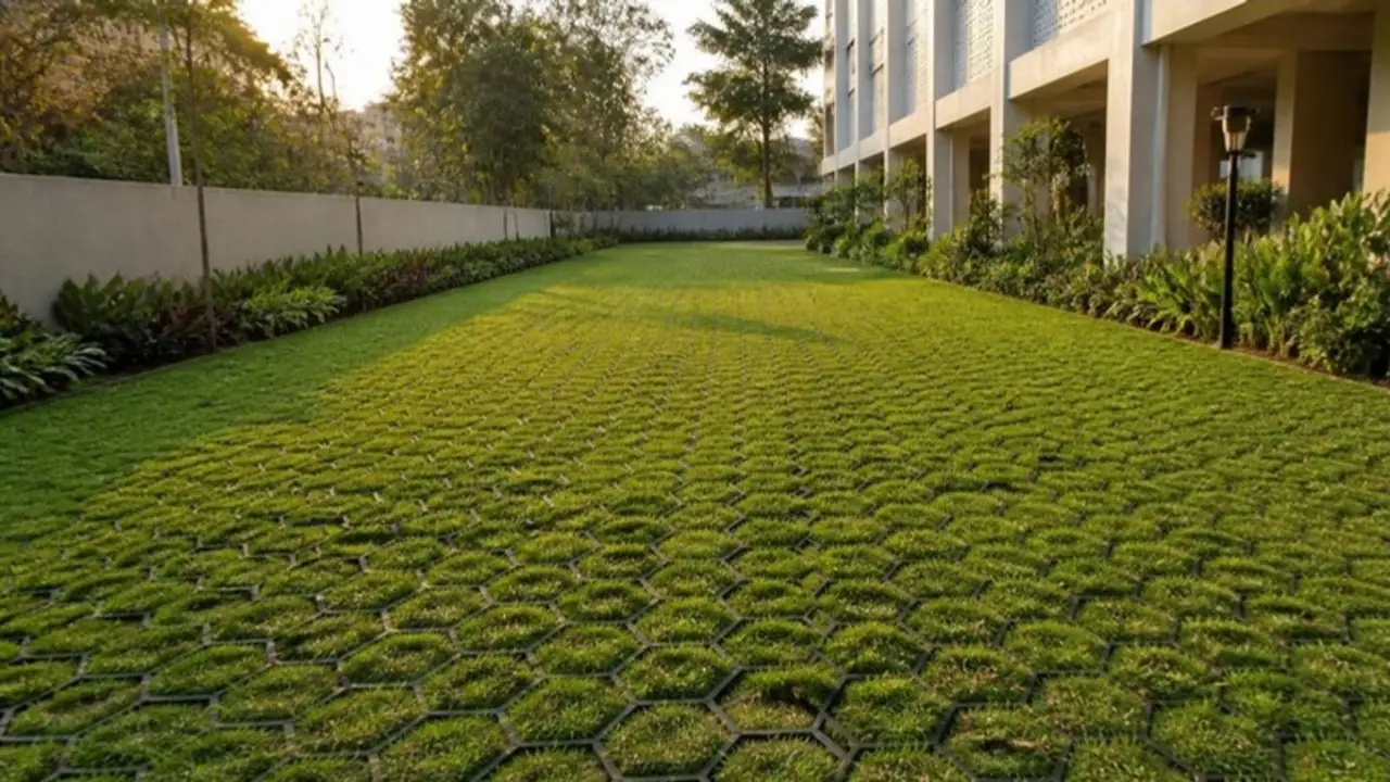 Grass growing through grass pavers across a lawn