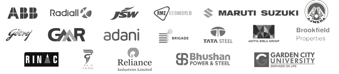 Client logos: ABB, Radiall, JSW, RMZ Ecoworld, Maruti Suzuki, Ajmera, Godrej, GMR, Adani, Brigade, Tata Steel, Aditya Birla Group, Brookfield Properties, RINAC, PGP Glass, Reliance Industries, Bhushan Power & Steel, Garden City University