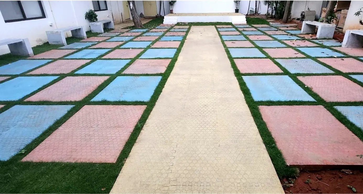 The lawn, the walkway and the squares